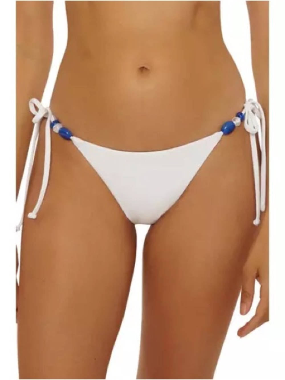 BECCA White Side-Tie Bikini Bottom with Blue Bead Accents